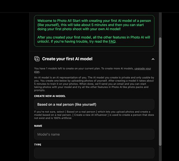 The image displays a user interface for creating an AI model in the Photo AI application.