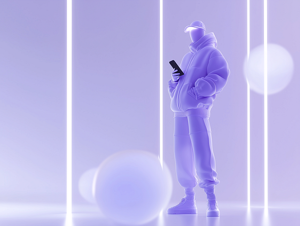 A stylized figure stands in a futuristic, purple-lit environment, holding a smartphone.