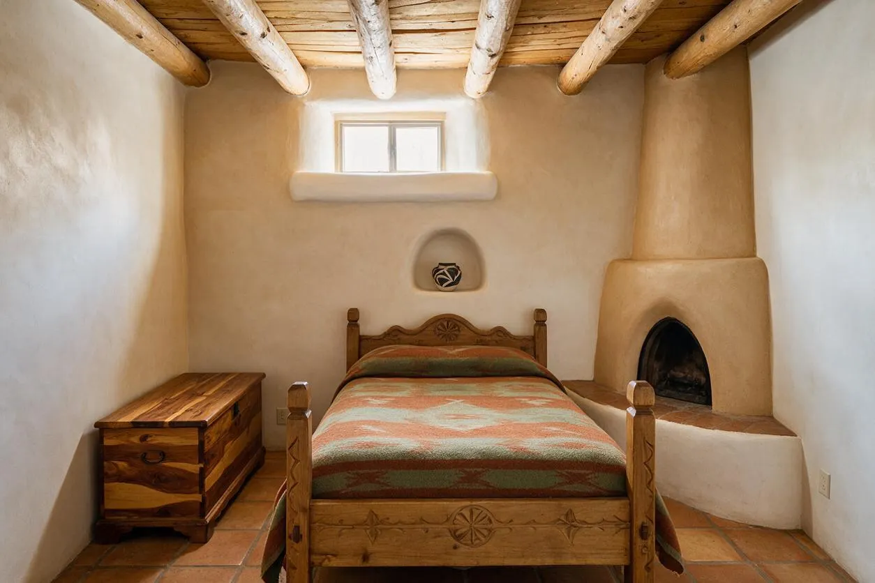 A compact Southwestern basement bedroom with thick white adobe-style walls, exposed log ceiling beams, terracotta tile flooring, and a carved wooden bed centered beneath a small window. A built-in kiva-style fireplace sits to the right, and a wooden chest adds storage on the left.