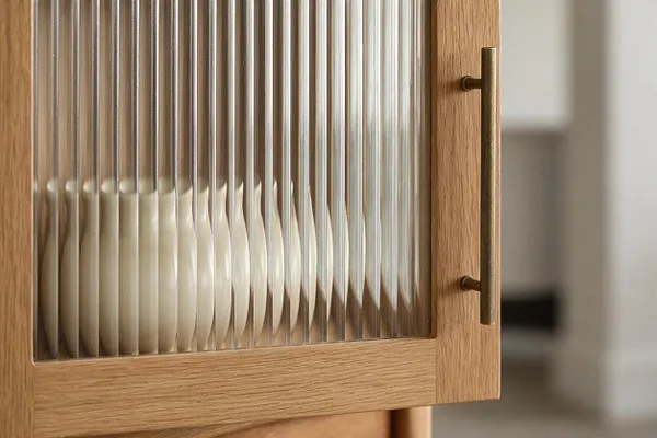 A close-up view of a light oak cabinet door with vertical reeded glass panels and a slim brass handle. Through the textured glass, stacked white dishes are visible, creating a soft, refined transitional look.