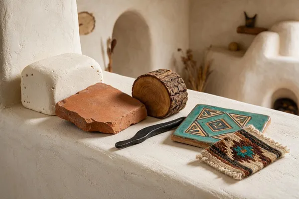 A close view of a Southwestern-style vignette on a plaster ledge shows a white porous block, a terracotta tile, a small cut log, a black metal tool, a turquoise patterned tile, and a woven textile sample. In the softly blurred background are adobe-like white walls, arched openings, and rustic decor.