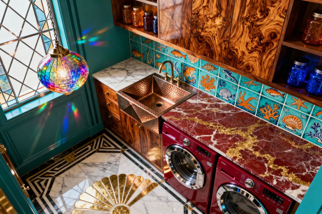 An opulent laundry room with teal paneled walls features a rainbow glass pendant casting prismatic light and a ruby-red front-loading washer and dryer. Burl-wood cabinets frame mixed stone counters—white marble and deep red marble with gold veining—plus a hammered copper sink with a brass faucet before a turquoise sea-life tile backsplash. The floor is white marble bordered in black with a fan-shaped brass inlay medallion.