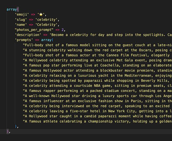The image displays a code snippet outlining a task related to creating a celebrity photo pack.