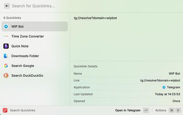 Screenshot of the Raycast application showing a command titled 'WIP in Telegram' with a Telegram icon and an option to open the WIP bot chat quickly.