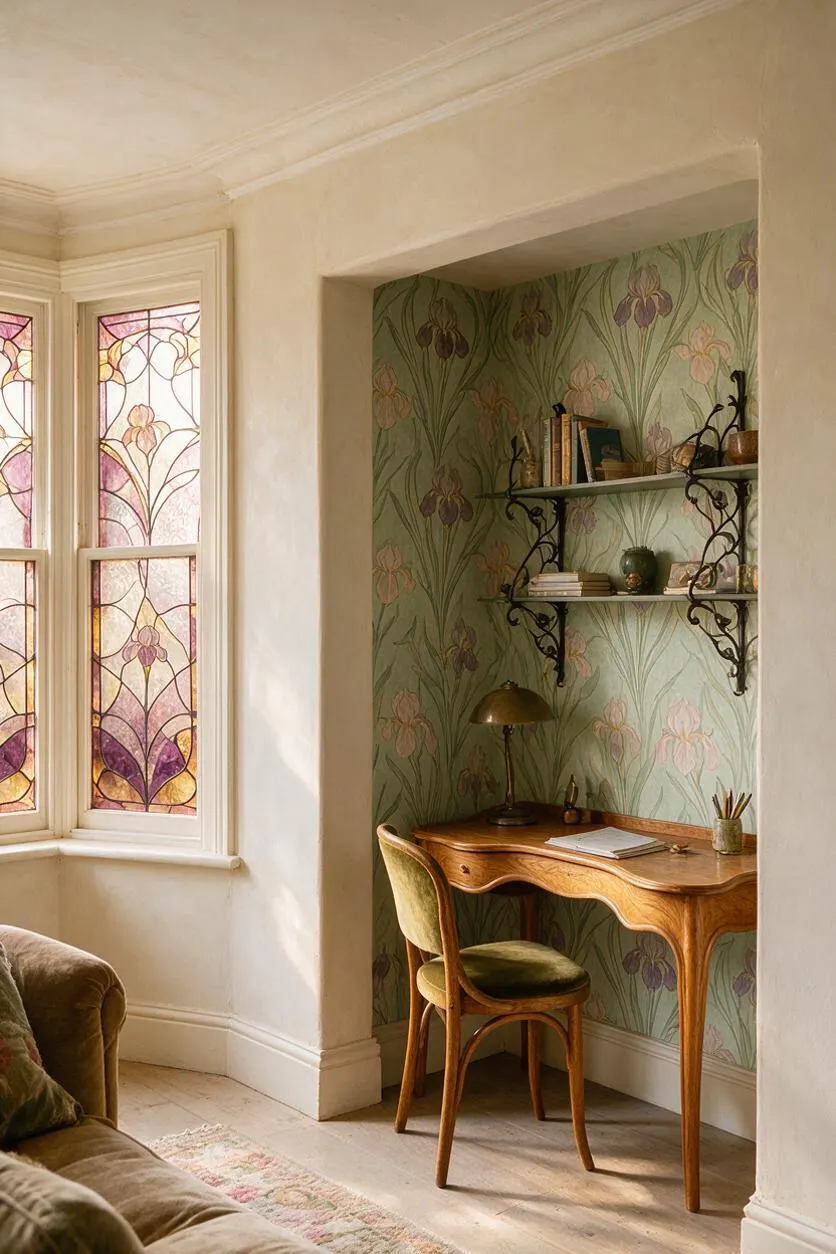 A cozy home office nook framed by a plastered alcove with mint-green floral wallpaper, a curved wooden desk, and two decorative wall shelves. To the left, tall stained-glass windows glow in soft pink, purple, and amber tones, filling the room with warm natural light.