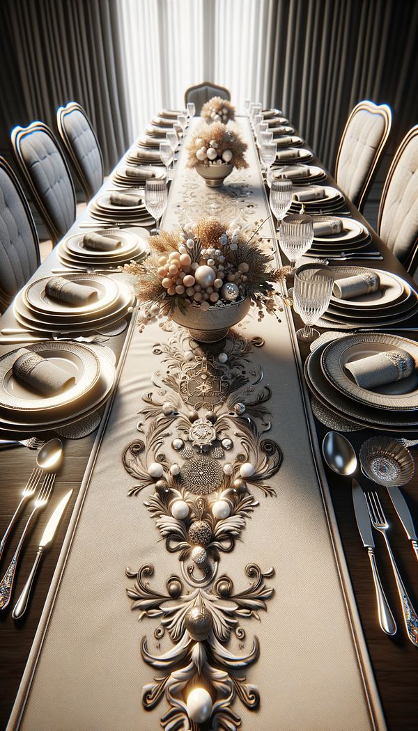 A beautifully set dining table with a decorative table runner placed along its center, adorned with a centerpiece.