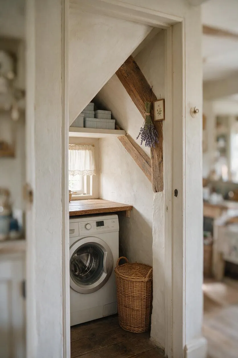 A narrow cottage-style laundry nook with white plaster walls, exposed rustic wooden beams, and a compact front-loading washing machine tucked under a wooden countertop. A wicker laundry basket sits on the dark wood floor, while a small lace-curtained window and shelf of storage boxes add a soft, handcrafted feel.