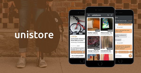The image shows a promotional graphic for a mobile app called 'unistore' displaying various interface screens over a background of a person standing against a brick wall.