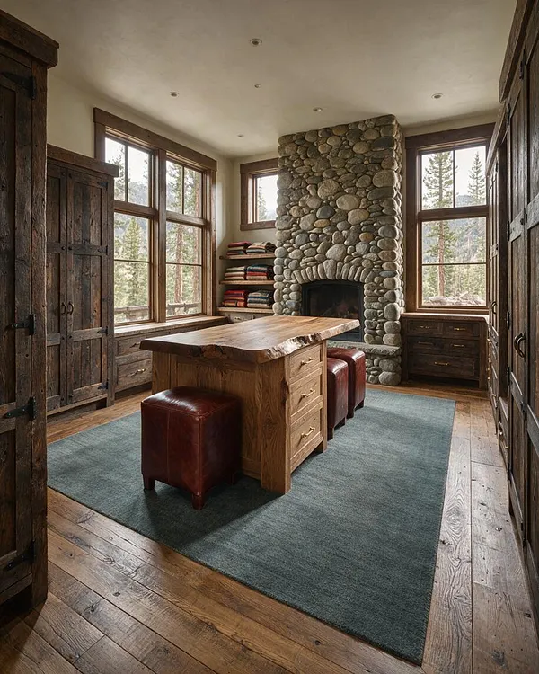 A rustic walk-in closet with heavy dark wood doors and cabinetry, a thick live-edge wooden island with leather stools, and a tall rounded stone fireplace centered on the back wall. Large windows bring in natural light and views of trees, while a muted blue rug softens the wood floor.