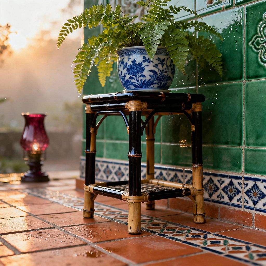 A small Victorian-inspired patio corner features glossy emerald-green wall tiles with raised motifs above a slim blue-and-white floral border. Terracotta floor tiles with patterned insets glisten with water. A black and natural bamboo stool holds a blue-and-white porcelain planter overflowing with a fern. To the left, a cranberry glass oil lamp glows in warm sunrise light, highlighting textures and rich colors.