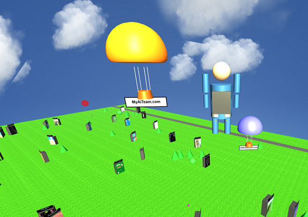 A vibrant 3D game environment featuring a large balloon and various objects scattered across a green landscape.