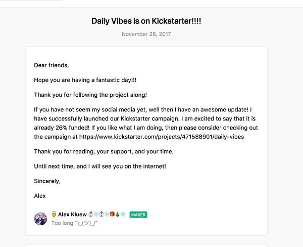 An update email announcing the launch of a Kickstarter campaign called Daily Vibes.