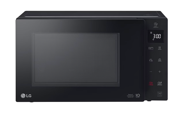A sleek black LG microwave model MH6336GIB is displayed.