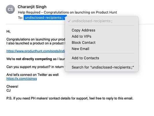 An email from Charanjit Singh congratulating a recipient on their Product Hunt launch.