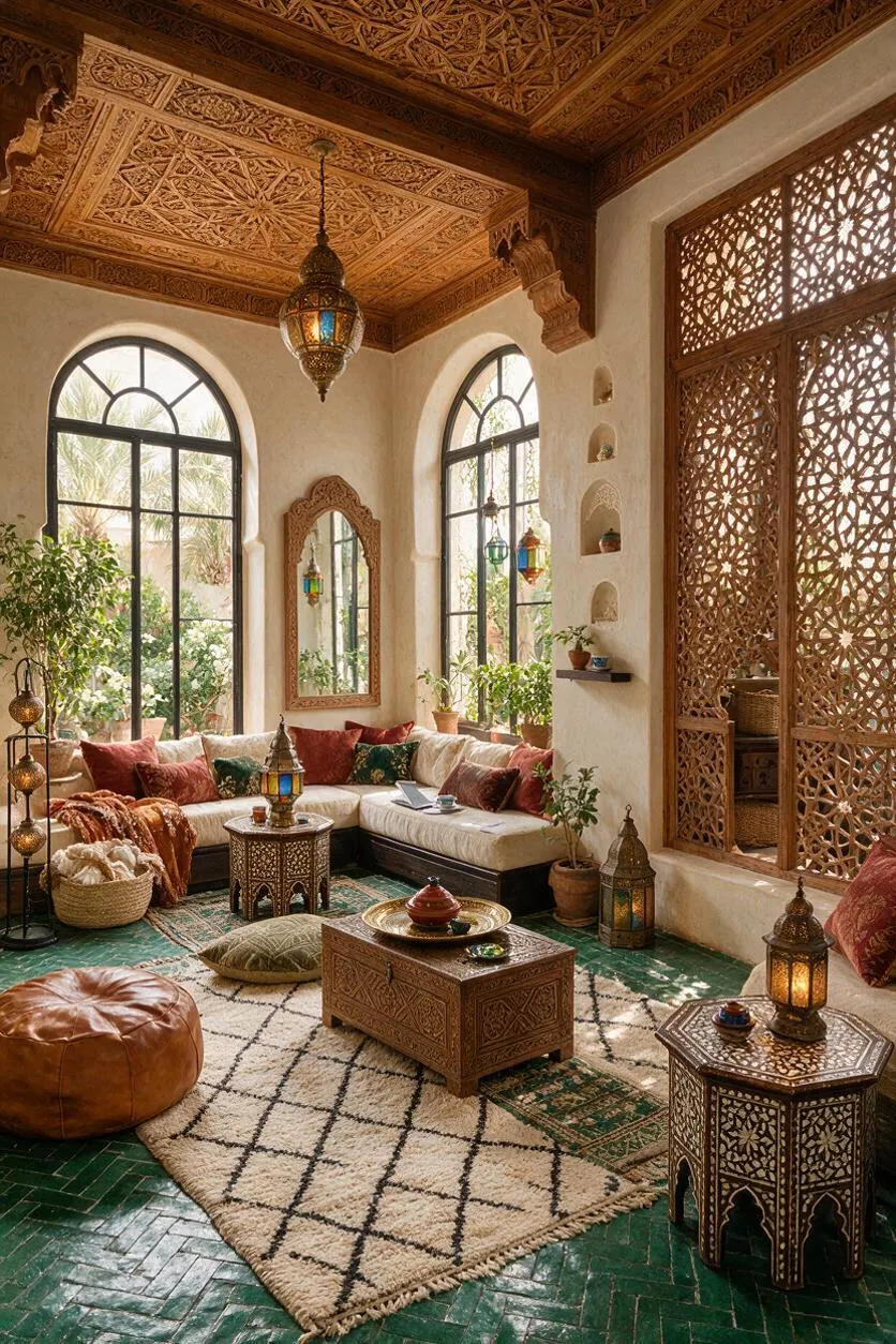 A sunroom styled in Moroccan decor features arched windows, an intricately carved wooden ceiling, and patterned lattice screens. The seating area includes cream and rust sectional cushions, layered rugs, carved tables, lanterns, and potted greenery, creating a warm, light-filled retreat.