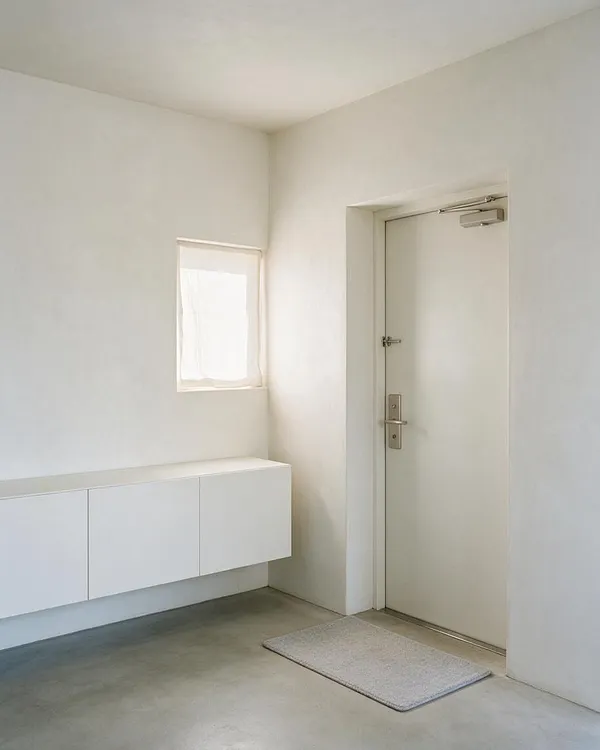 A bright minimalist entryway with smooth white walls, a plain white door with silver hardware, a small rectangular window with sheer covering, and a long floating white storage cabinet along the left wall. The concrete floor is bare except for a small light gray doormat near the door, creating a calm, uncluttered look.