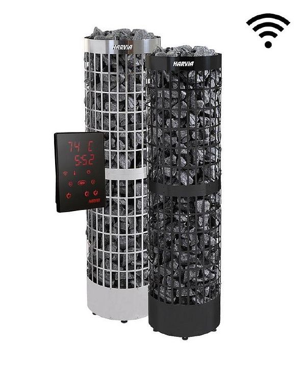 The image features two sauna heaters with a control panel displaying temperature and time settings.