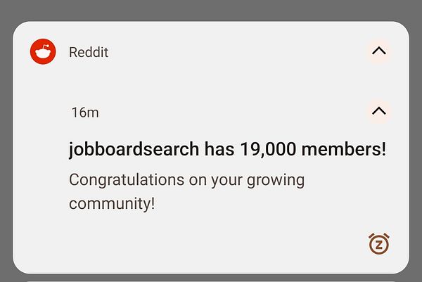 A notification from Reddit celebrating the jobboardsearch subreddit reaching 19,000 members.