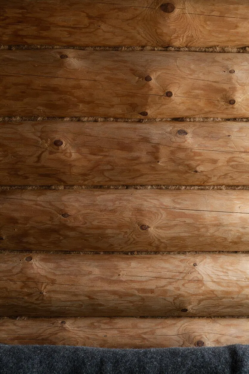 A close-up view of a rustic log wall made from horizontally stacked rounded wooden logs with visible knots, grain, and chinking between the logs. A dark gray textured textile appears along the bottom edge, adding contrast to the warm honey-brown wood surface.