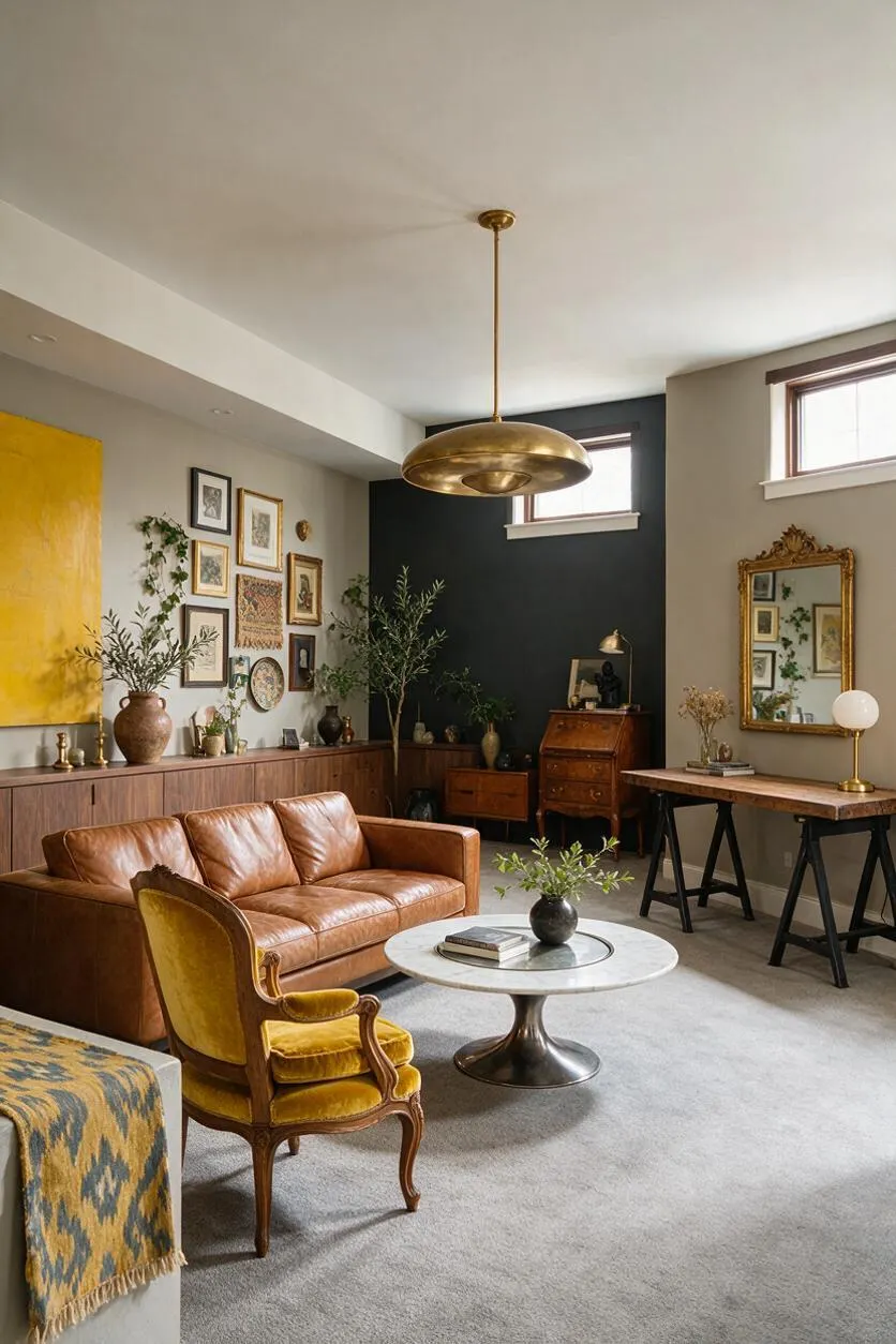 A stylish eclectic basement living room with a tan leather sofa, mustard velvet accent chair, round marble coffee table, and brass pendant light. The space features a dark accent wall, framed artwork, a carved gold mirror, a rustic wood console, and warm wood and brass accents throughout.