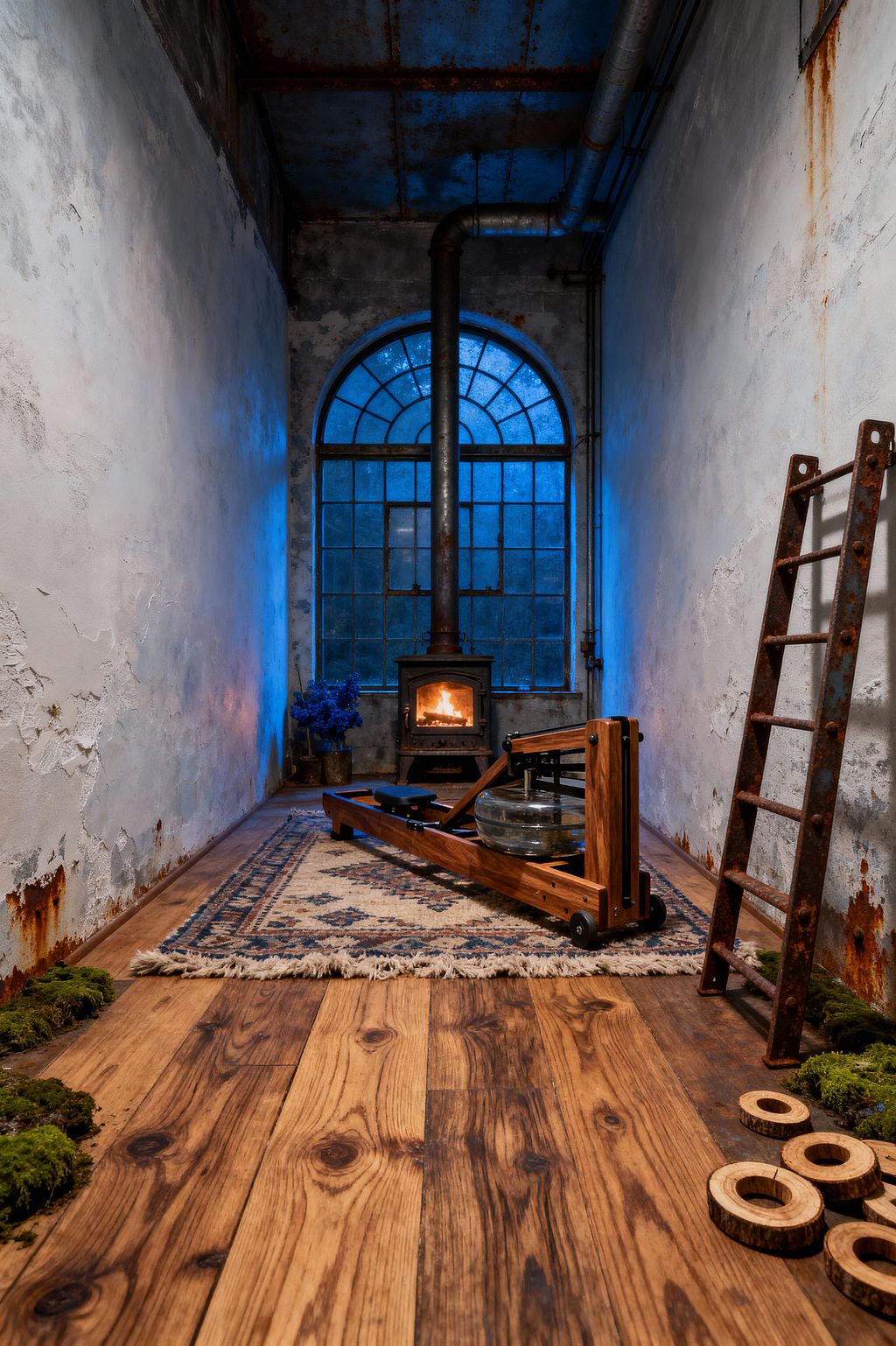 A narrow industrial-style room serves as a rustic home gym, with a wooden water rower centered on a patterned wool rug over wide oak planks. At the far end, a cast-iron wood stove glows beneath an arched steel window lit blue. Distressed plaster walls show rust stains, a weathered metal ladder leans to the right, and moss and wood slices accent the floor, adding organic texture.