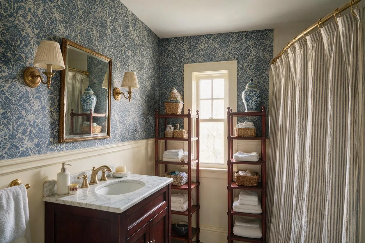 A traditional master bathroom with blue patterned wallpaper above cream wainscoting, a dark wood vanity with a marble countertop, and a brass faucet beneath a framed mirror. Two wall sconces, tall narrow shelving units with wicker baskets, a frosted window, and a striped shower curtain complete the classic, cozy space.