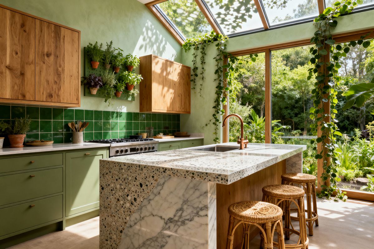Room AI – Biophilic Kitchen with Sage Cabinets and Terrazzo - Interior