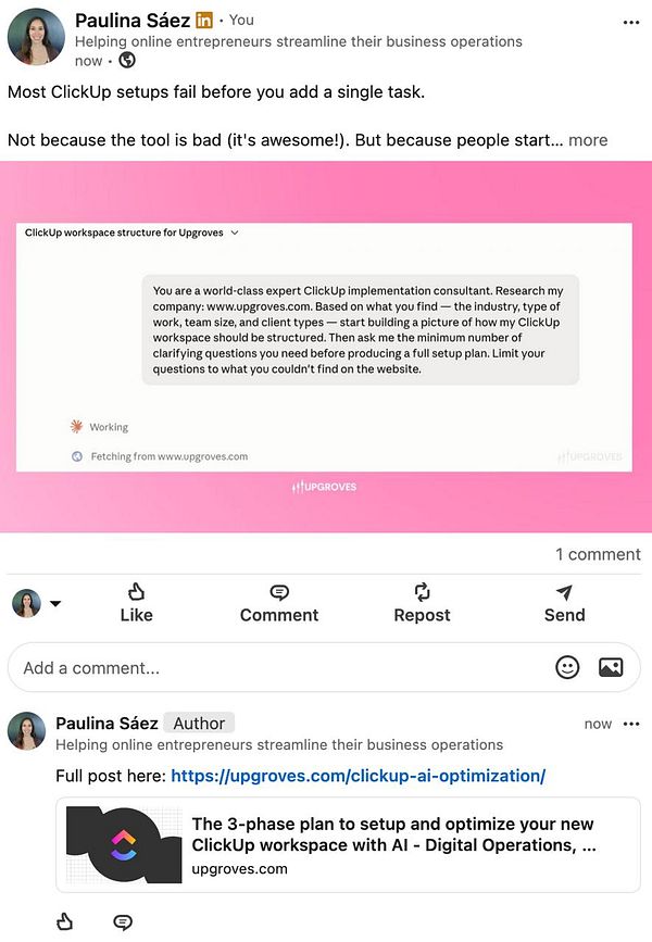 A LinkedIn promotional image featuring the Upgroves article with brand logo and thematic design elements.
