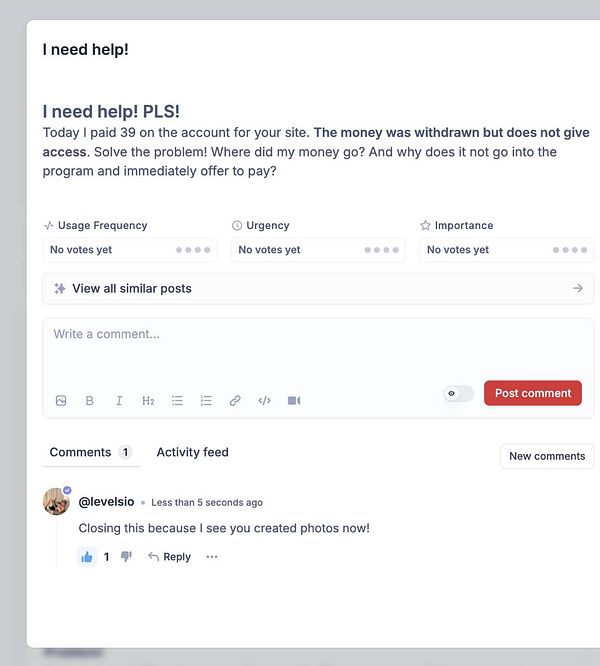 A user is seeking help regarding a payment issue on a support platform.