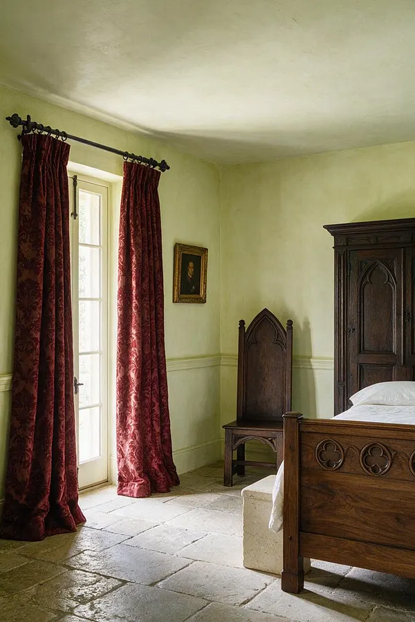 A Gothic-style guest bedroom with pale plaster walls, a stone tile floor, and dark carved wooden furniture. Burgundy velvet curtains frame a tall French door, while a pointed-back chair and a heavy wardrobe reinforce the historic, medieval-inspired look.