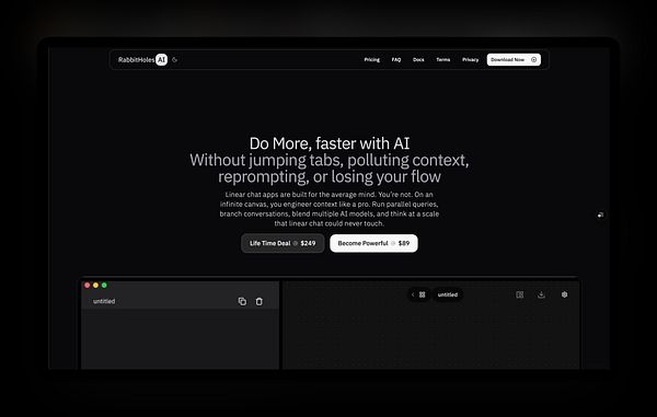 The image displays a dark-themed landing page for a product called RabbitHoles AI, featuring a prominent headline and pricing information.