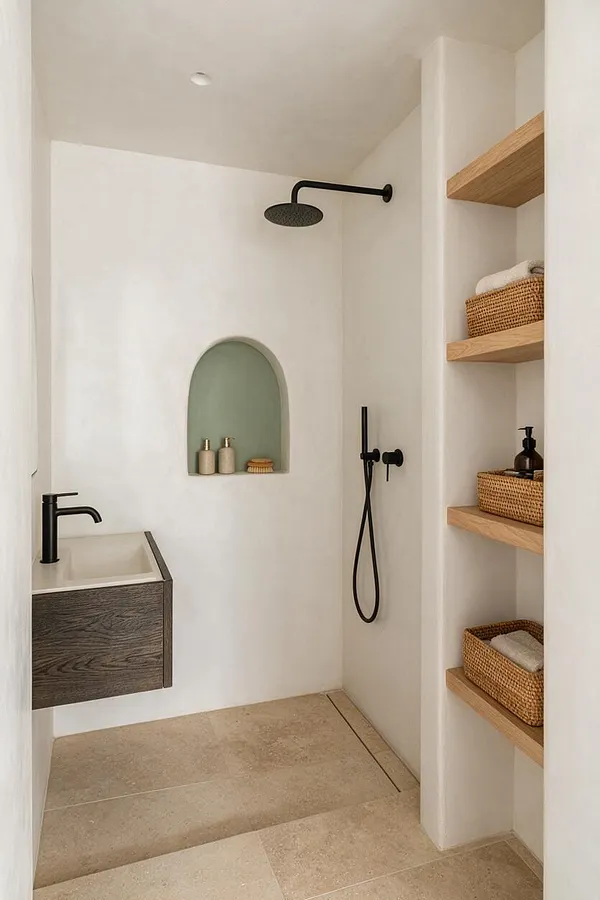 A minimalist Japandi bathroom with white plaster walls, a dark wood floating vanity, a matte black shower set, and open wood shelves holding woven baskets and folded towels. A small arched niche with sage green backing adds a soft focal point above the vanity.