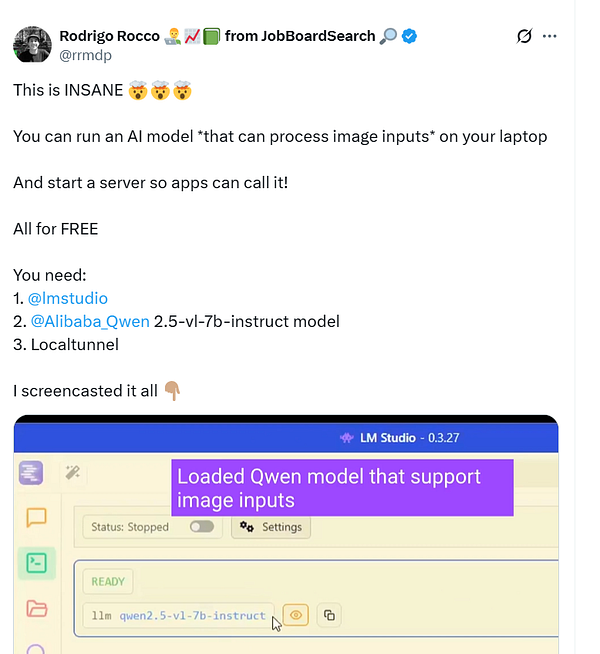 A screencast interface showing the LM Studio application with a loaded AI model capable of processing image inputs.