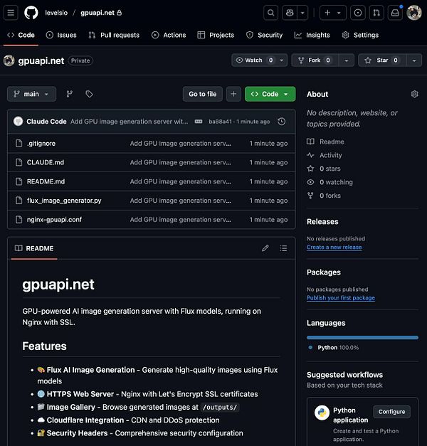 The image displays a GitHub repository interface for the project 'gpuapi.net'.