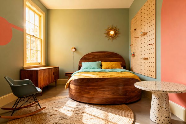 A mid-century inspired kids’ bedroom features a curved walnut bed with mustard and aqua linen bedding against sage walls. A large birch plywood pegboard with shelves anchors a coral-accented corner, while a sunburst mirror and small globe sconce hang above the bed. A walnut credenza sits by a tall window with yellow trim, next to a molded rocking chair, round jute rug, terrazzo pedestal table, and smooth concrete floor illuminated by warm daylight.