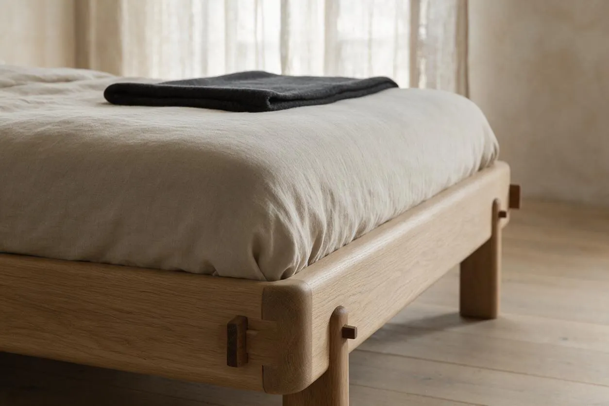 A low Japandi-style bed with a light oak frame and rounded corners is dressed in soft beige bedding, with a folded dark gray throw placed near the foot. Sheer curtains filter daylight behind the bed, creating a calm, minimal bedroom atmosphere.
