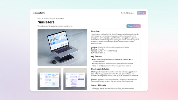 The image displays a product/project individual page for a website showcasing a marketplace for newsletter sponsorships.
