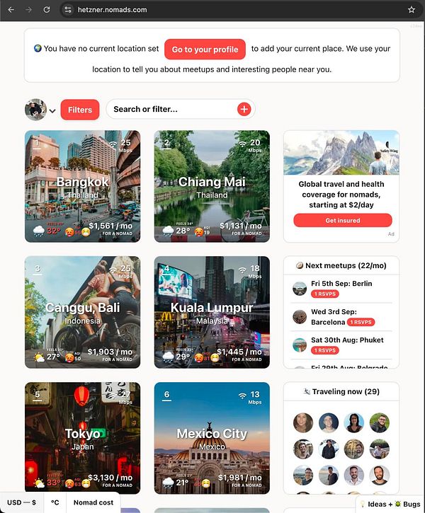 The image displays a user interface from a travel and nomad community website featuring various cities and their living costs.