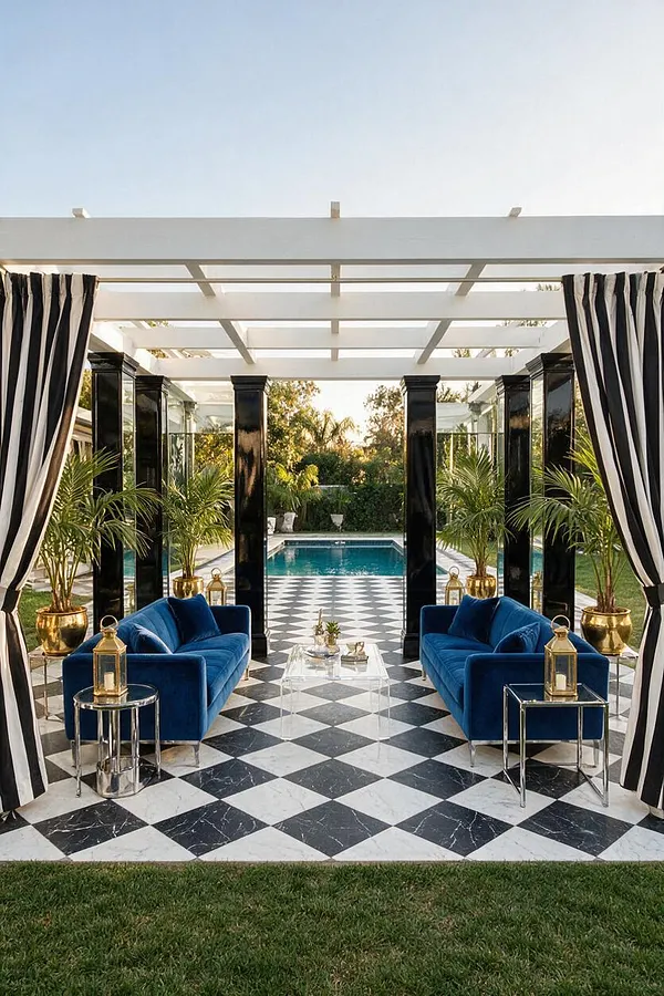 A glamorous backyard lounge with a black-and-white diamond marble floor, deep blue velvet sofas, and glossy black columns beneath a white pergola. Gold planters, lanterns, striped drapes, and a turquoise pool create a luxurious Hollywood Regency setting.