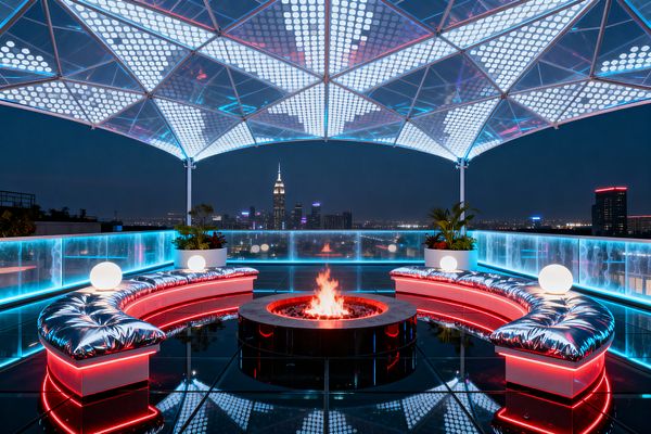 A nighttime rooftop patio with a geometric LED canopy glows in cyan and white, overlooking a city skyline. Two curved benches with silver, tufted, chrome-like upholstery encircle a circular gas fire pit clad in glossy black, with red LED strips tracing the seat bases. A transparent glass floor and glass balustrade lit in blue amplify reflections, while white planters with tropical foliage and glowing orb lamps complete the futuristic ambiance.