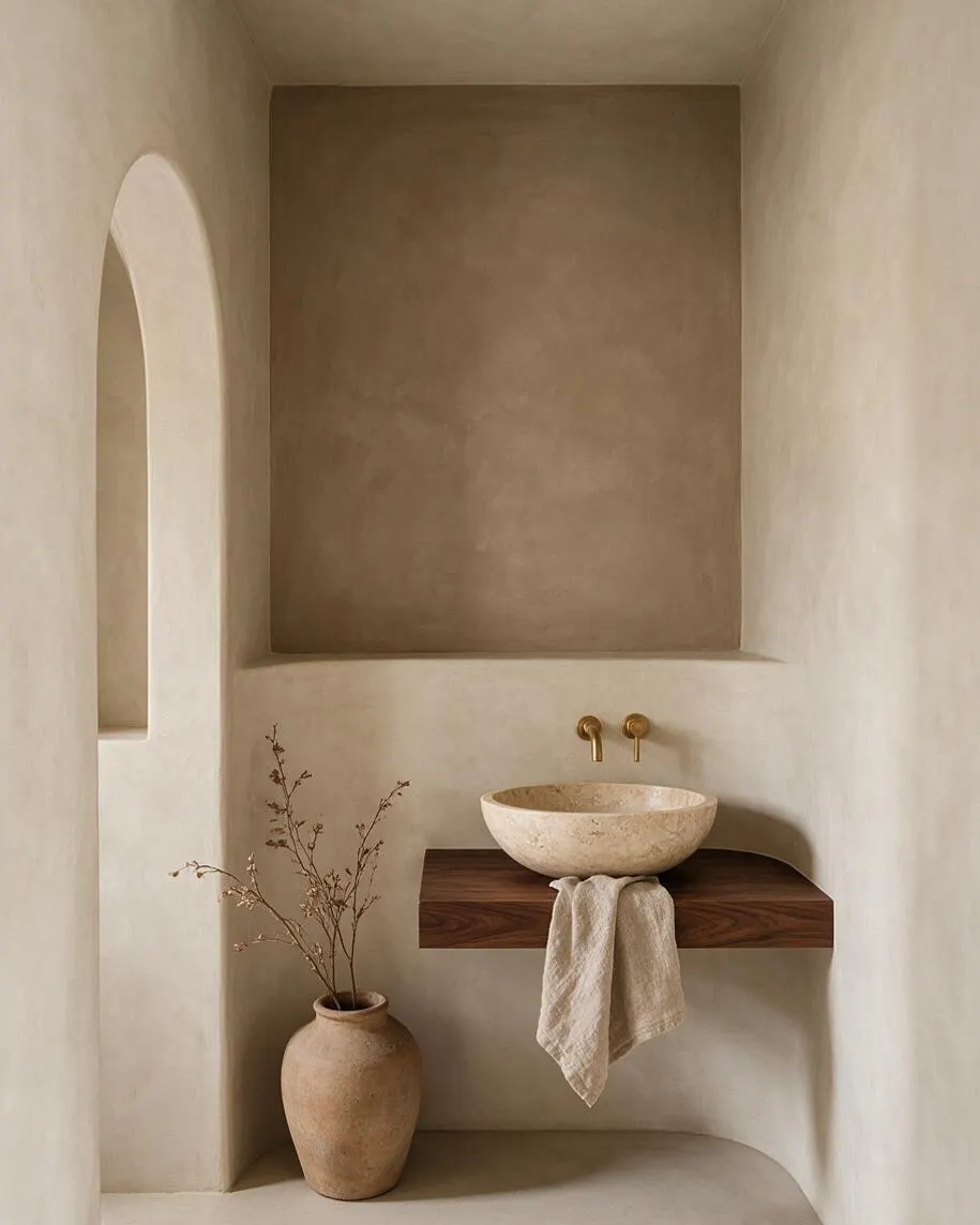 A serene organic modern bathroom with smooth plaster walls, an arched opening on the left, and a recessed niche above a floating dark wood vanity shelf. A round stone vessel sink sits beneath brass wall-mounted faucets, with a textured towel draped below and a tall clay vase with dried branches adding a natural accent.
