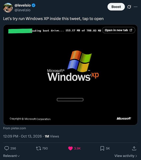 A tweet showcasing a Windows XP boot screen simulation embedded inside the tweet with over 1 million views.