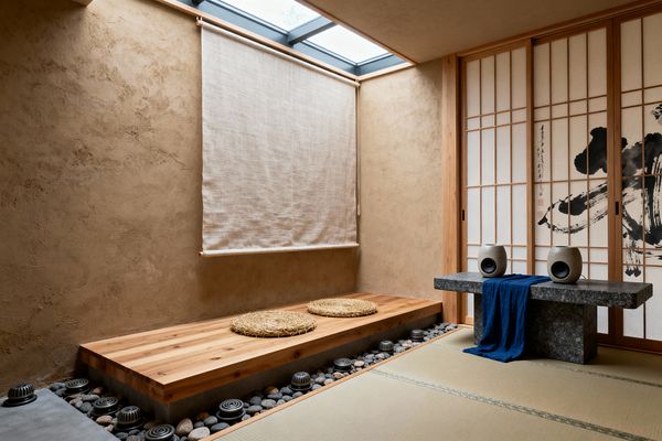 A minimalist Japanese-style media room with tatami mats and warm plaster walls. A skylight with a linen roller shade casts soft daylight over a low solid-wood bench with two woven straw cushions, a river-pebble border with small black ceramic accents, and shoji screens featuring bold ink brush art. A dark stone slab table supports two small stone-textured speakers draped with an indigo cloth.