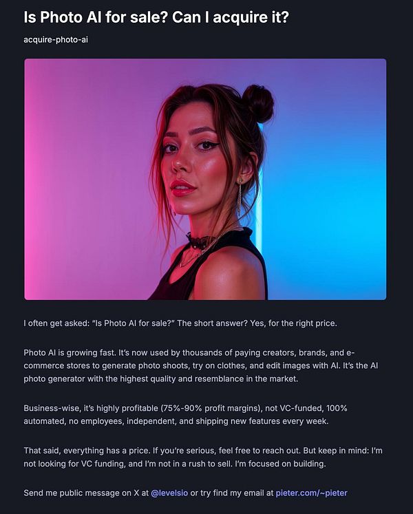 A woman poses confidently in front of a colorful backdrop while discussing the potential sale of Photo AI.