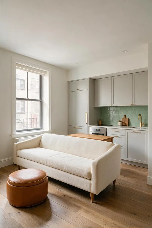 A bright studio apartment with a cream upholstered sofa in the foreground, a round caramel leather ottoman, and a compact kitchen along the back wall. The kitchen features pale cabinetry, brass hardware, a mint-green tile backsplash, a wood-topped table, and light oak floors beside a large window.