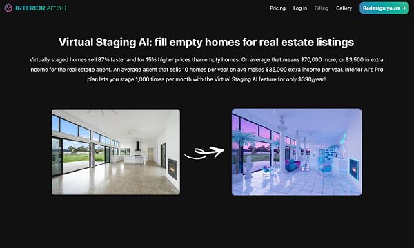 The image presents a comparison of an empty room and a virtually staged version of the same room.