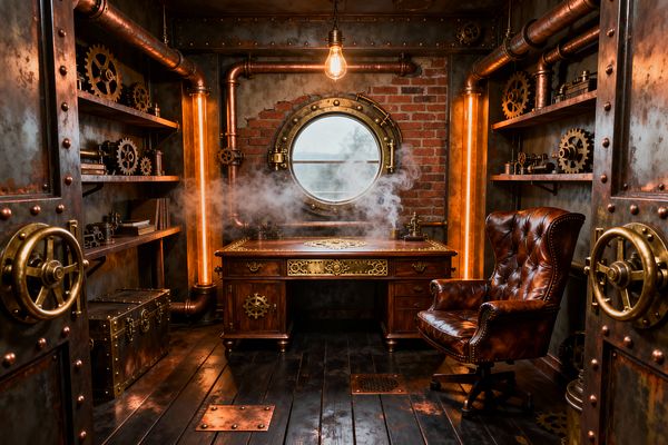 A steampunk home office centers on a mahogany desk with brass inlays beneath a round porthole window set in a red brick wall, framed by copper pipes. Open shelves display metal gears and instruments, a tufted cognac leather wingback chair sits on dark wood floors with riveted steel plates, and amber-lit tubes plus an exposed Edison bulb cast a warm glow as wisps of steam drift across the workspace.