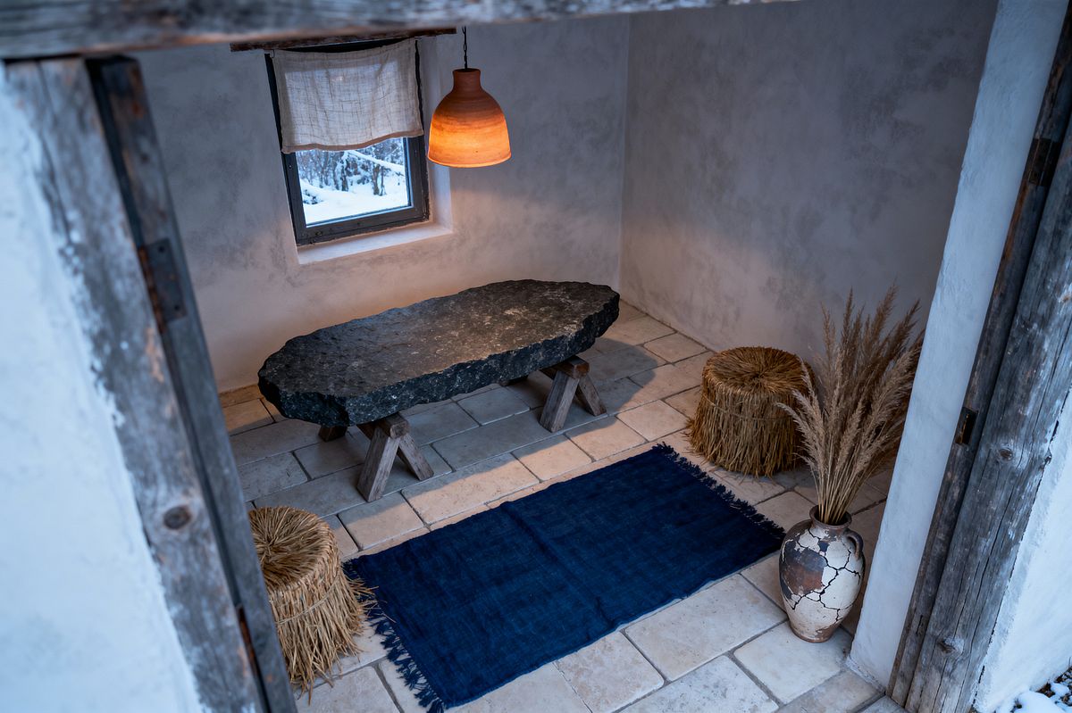Room AI – Wabi-Sabi Dining with Raw Stone Table and Indigo Rug