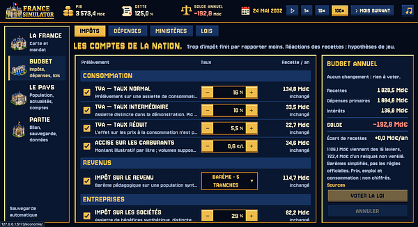 Screenshot of the France Simulator game's tax management interface showing detailed national accounts with various tax rates and annual budget information.