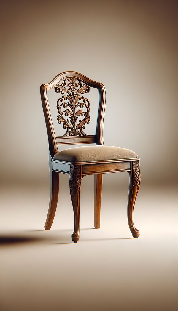 A classic wooden chair with an ornate and intricately carved backsplat, positioned against a neutral background.